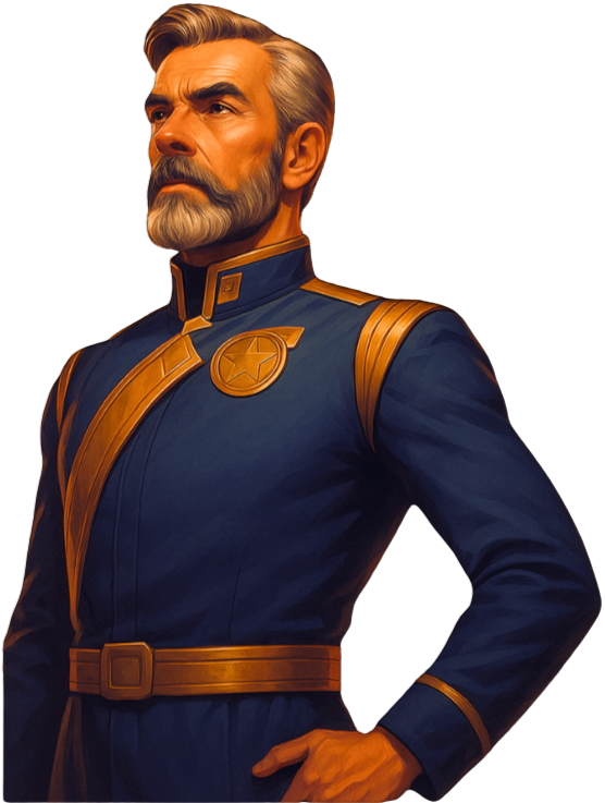 Captain Tomorrowland, a confident figure in a dark blue uniform with gold trim, standing hand on hip.