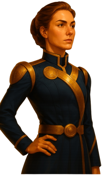 Commander Tomorrowland, a composed figure in a dark blue uniform with gold trim, standing hand on hip.